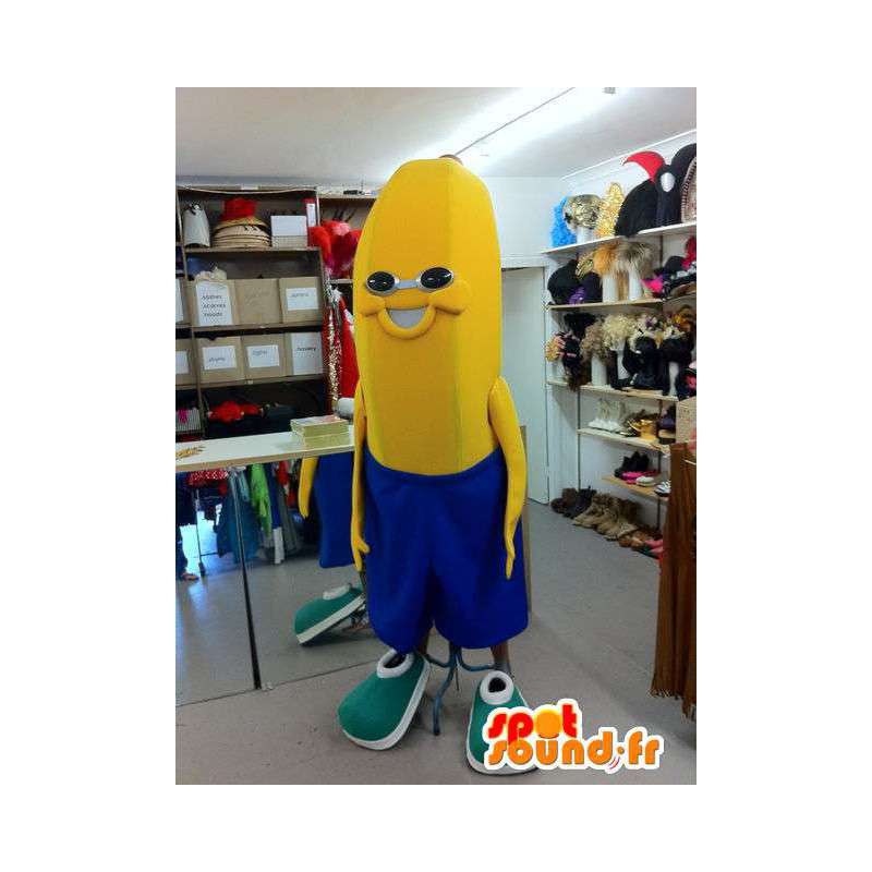 Mascotte de banane en short bleu - MASFR005516 - Mascotte de fruits