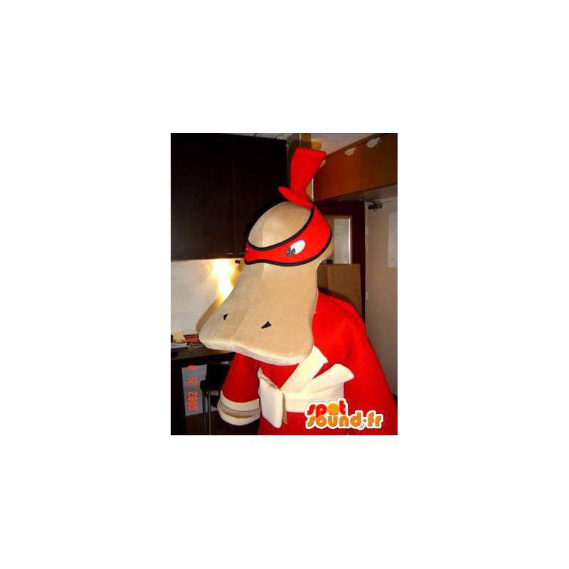 Anatra mascotte vestita con un ninja rosso - MASFR005524 - Mascotte di anatre
