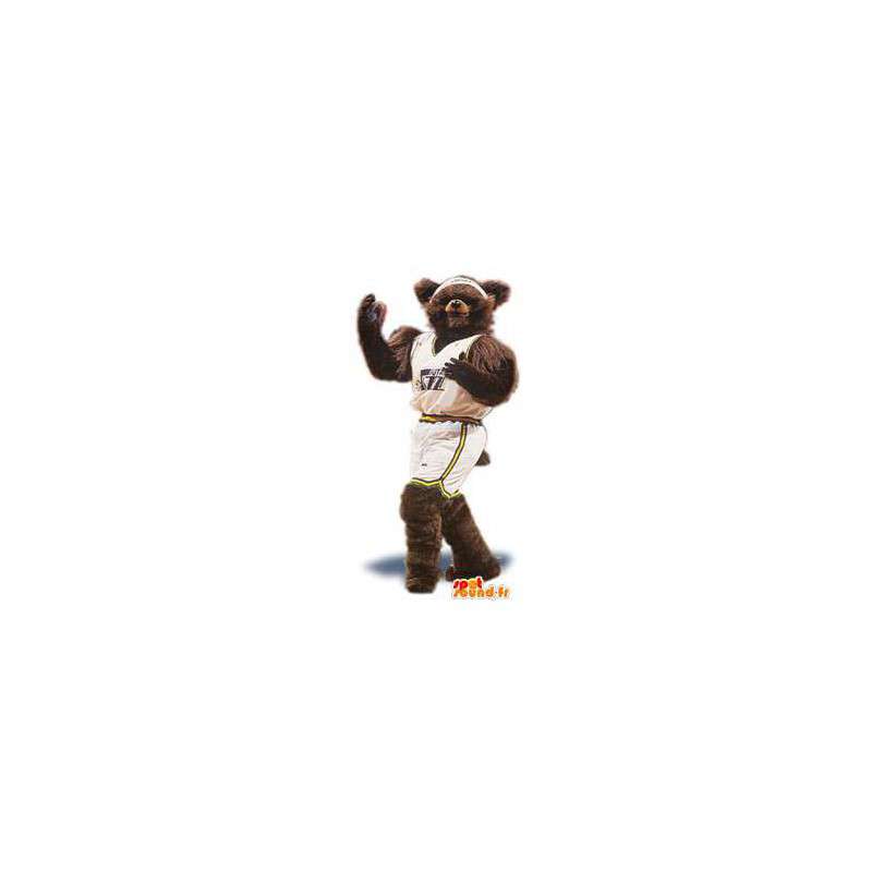 Mascot castanho carrega roupa desportiva. Fantasia de Urso desportivismo - MASFR005557 - mascote do urso