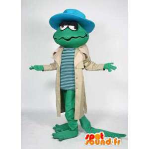 Grønn øgle maskot med en frakk og en blå lue - MASFR005598 - Snake Maskoter
