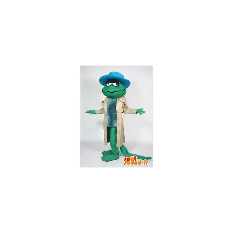 Groene hagedis mascotte met een jas en een blauwe hoed - MASFR005598 - Snake Mascottes