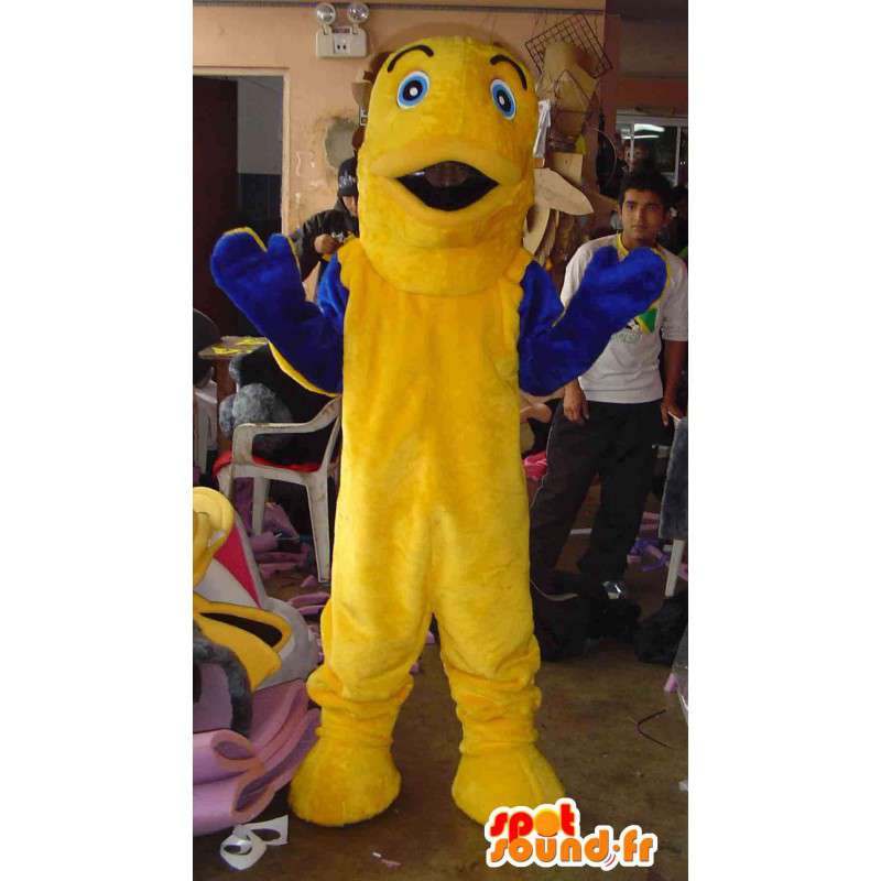 Mascotte de poisson jaune et bleu. Costume de poisson - MASFR005615 - Mascottes Poisson