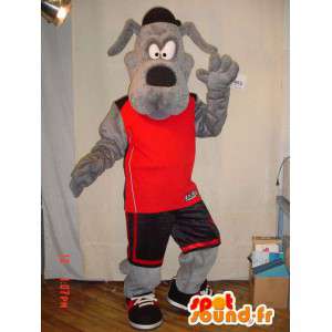 Mascotte de chien gris en tenue de sport rouge - MASFR005622 - Mascottes de chien