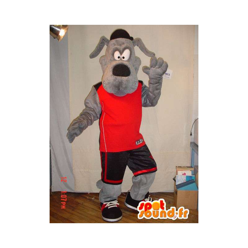 Mascote cão cinzento vestido de esportes vermelho - MASFR005622 - Mascotes cão