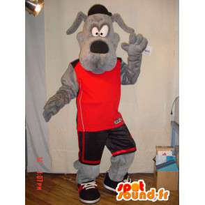 Mascote cão cinzento vestido de esportes vermelho - MASFR005622 - Mascotes cão
