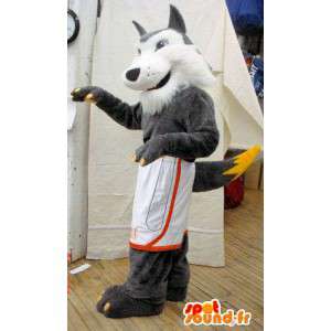 灰色と白のオオカミのマスコット。毛むくじゃらのオオカミのコスチューム-MASFR005624-オオカミのマスコット