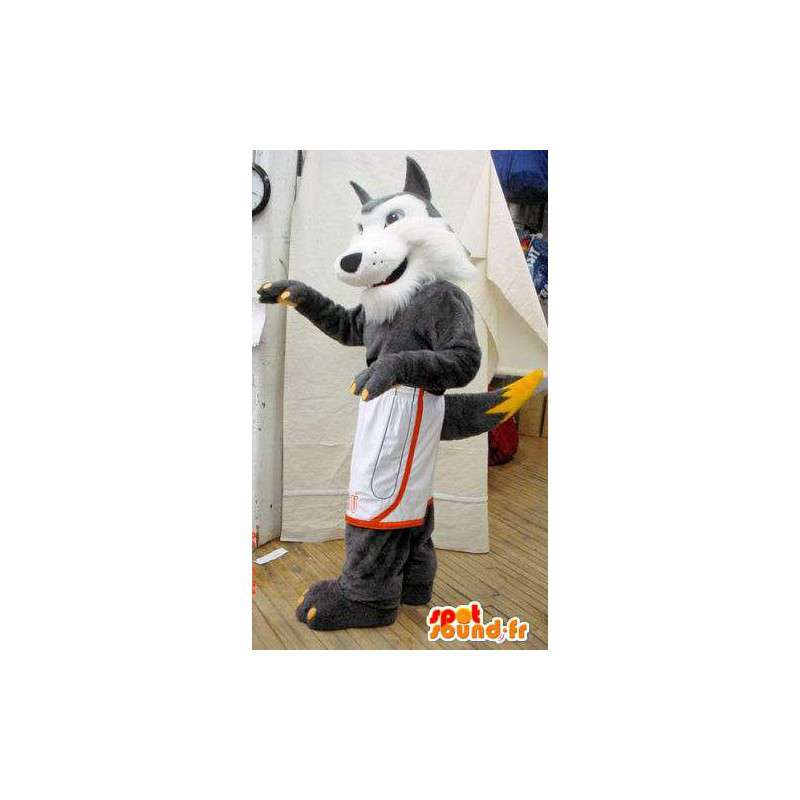 Mascotte de loup gris et blanc. Costume de loup poilu - MASFR005624 - Mascottes Loup