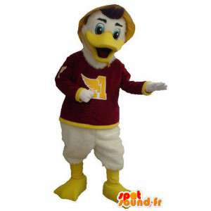 Mascot pato en el suéter rojo con el sombrero amarillo - MASFR005625 - Mascota de los patos