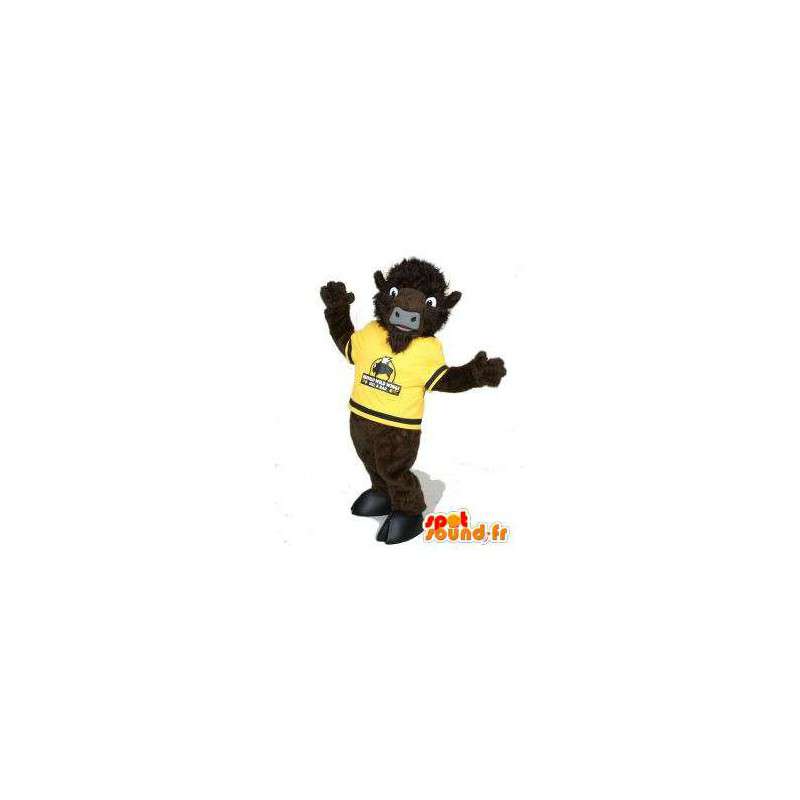 Brun buffelmaskot i gul tröja - Spotsound maskot