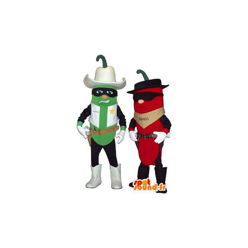 πράσινη πιπεριά και το κόκκινο πιπέρι μασκότ ντυμένες στα καουμπόη - MASFR005679 - φυτικά μασκότ
