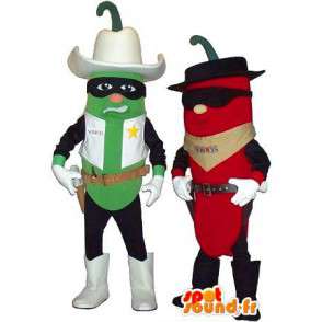 Pimenta verde e mascotes de pimenta vermelha vestida de cowboy - MASFR005679 - Mascot vegetal