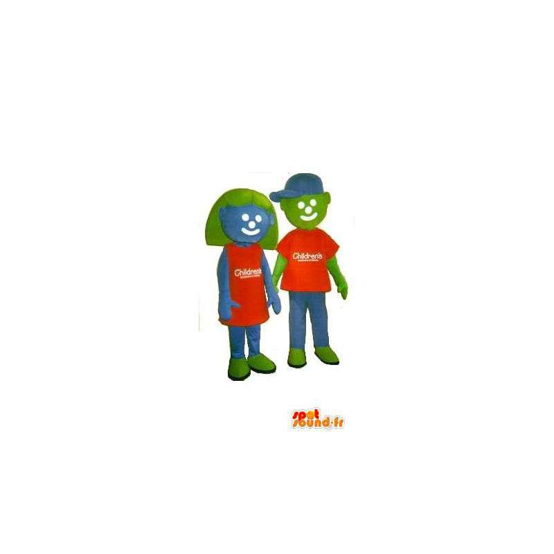 Maskoter av gröna, blåa och orange barn. Förpackning med 2 -