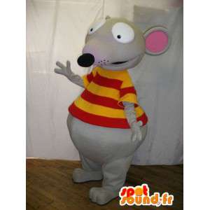 La mascota del ratón gris vestido con camisa amarilla y roja - MASFR005695 - Mascota del ratón