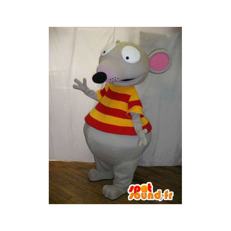 La mascota del ratón gris vestido con camisa amarilla y roja - MASFR005695 - Mascota del ratón