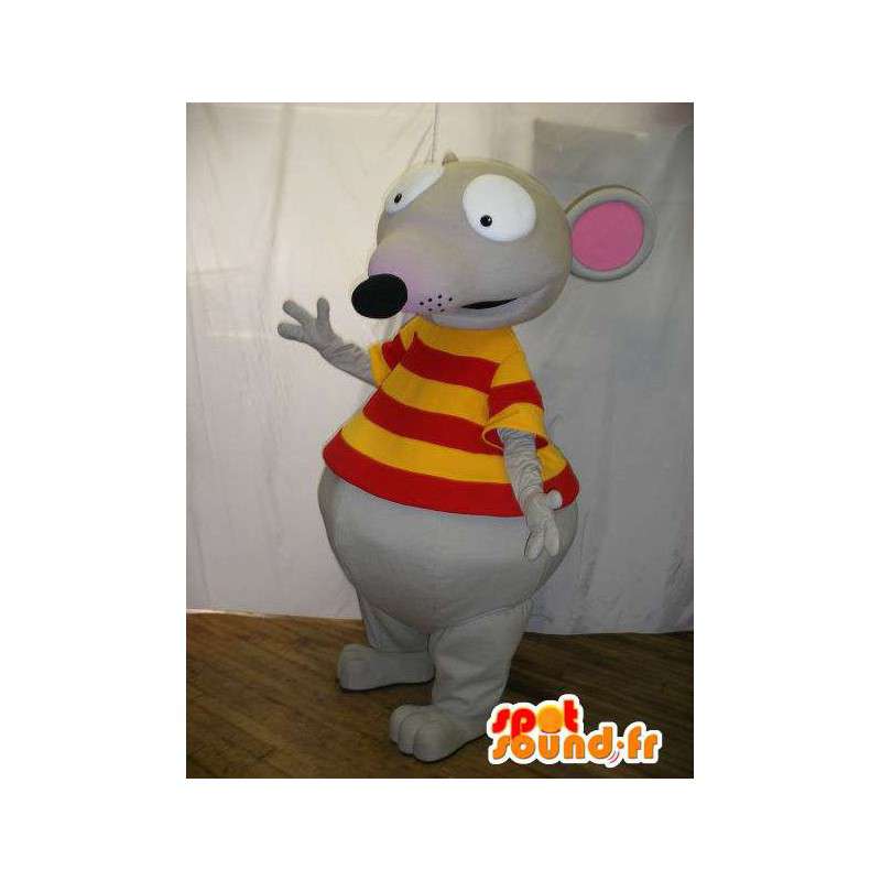 Mouse mascot dressed in gray t-shirt and red - MASFR005695 - Mouse mascot