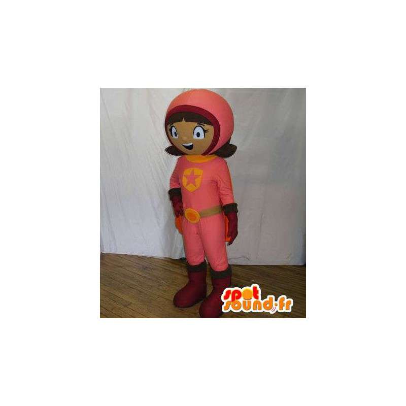 Mascot girl dressed in pink holding astronaut - MASFR005696 - Mascots boys and girls