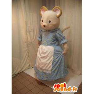 Beżowy maskotka mysz w niebieskiej sukience z białym fartuchem - MASFR005698 - Mouse maskotki