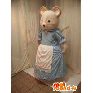 Mascotte de souris beige en robe bleue avec un tablier blanc - MASFR005698 - Mascotte de souris