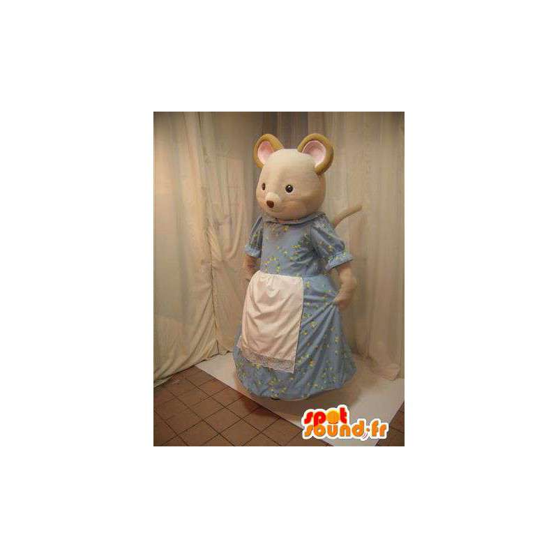 Mascotte de souris beige en robe bleue avec un tablier blanc - MASFR005698 - Mascotte de souris