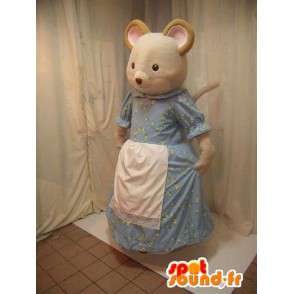 Beige muis mascotte in blauwe jurk met een witte schort - MASFR005698 - Mouse Mascot