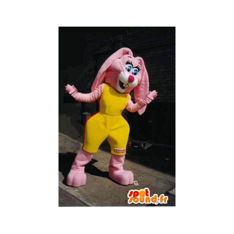 Mascot růžový králík ve žluté sportovní oblečení. - MASFR005701 - maskot králíci