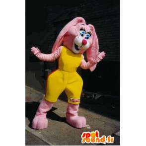 Coelho rosa Mascot no sportswear amarelo. - MASFR005701 - coelhos mascote