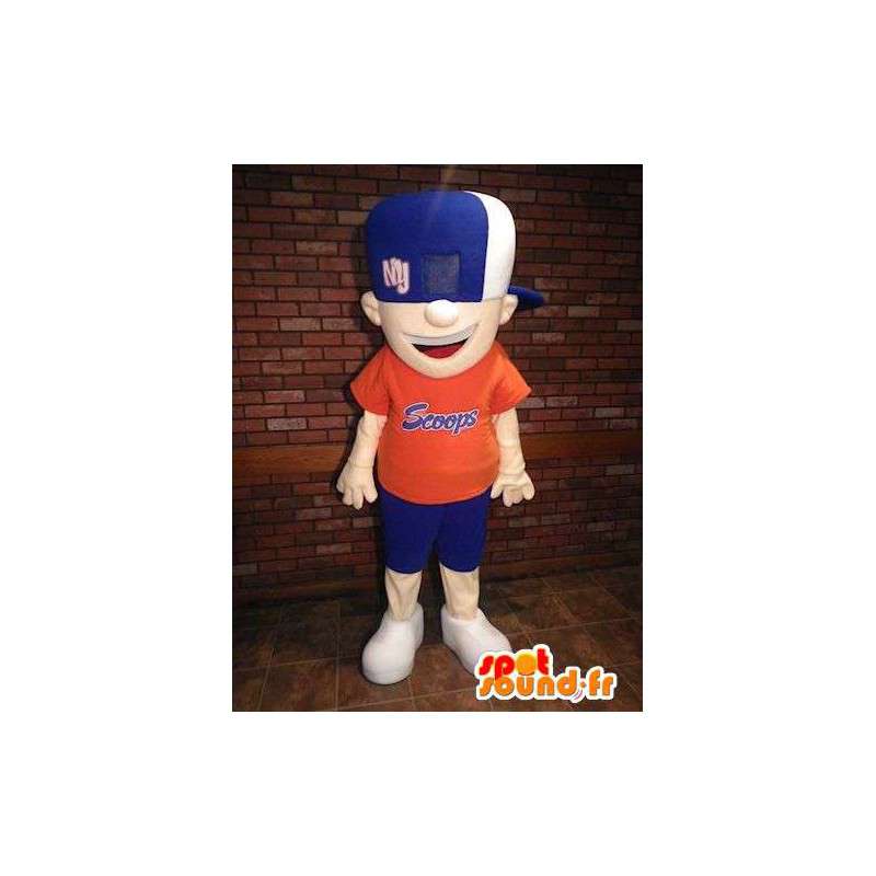 Drengemaskot i blå og orange tøj - Spotsound maskot