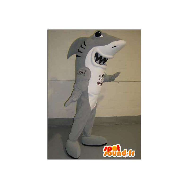 灰色と白のサメのマスコット。サメのコスチューム-MASFR005748-サメのマスコット