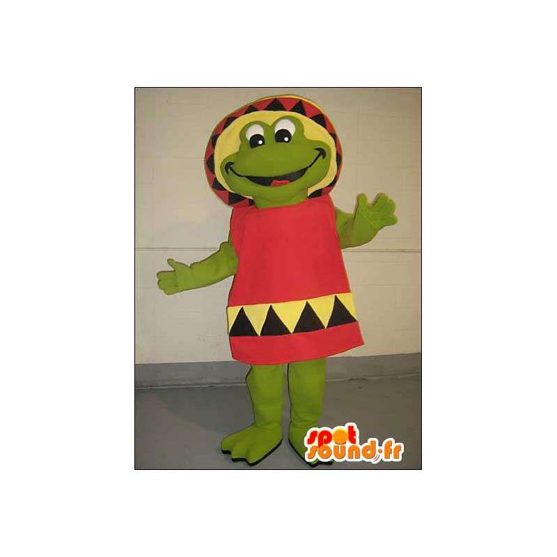 Groene kikker mascotte in Mexicaanse rode jurk - MASFR005755 - Kikker Mascot