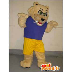 Beige björnmaskot i blå och gul sportkläder - Spotsound maskot