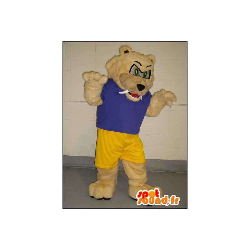 Beige bear mascot in sportswear blue and yellow - MASFR005760 - Bear mascot