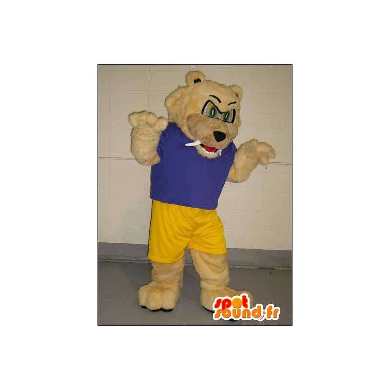 Μασκότ μπεζ φέρουν ντυμένοι με μπλε και κίτρινο σπορ - MASFR005760 - Αρκούδα μασκότ