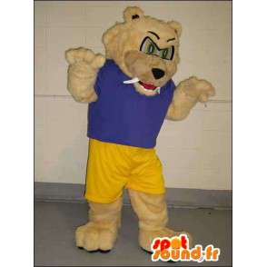 Beige björnmaskot i blå och gul sportkläder - Spotsound maskot
