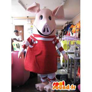 Mascote porco cor de rosa vestido de vermelho - MASFR005764 - mascotes porco