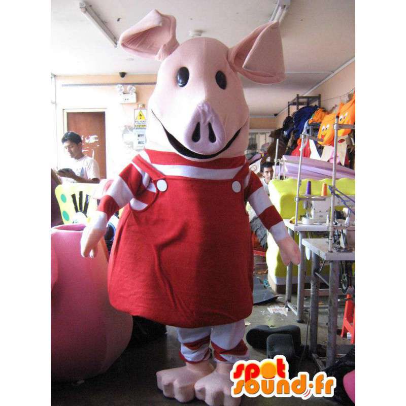Rosa Schwein-Maskottchen in rot gekleidet - MASFR005764 - Maskottchen Schwein