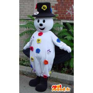 Boneco mascote neve preto e branco com flores - MASFR005777 - Mascotes homem