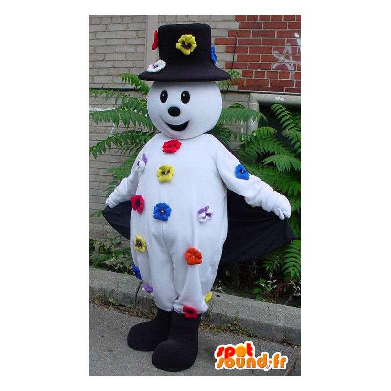 Boneco mascote neve preto e branco com flores - MASFR005777 - Mascotes homem