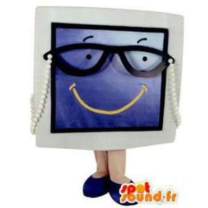 Mascotte d'écran, de télévision gris et bleu avec des lunettes - MASFR005778 - Mascottes d'objets
