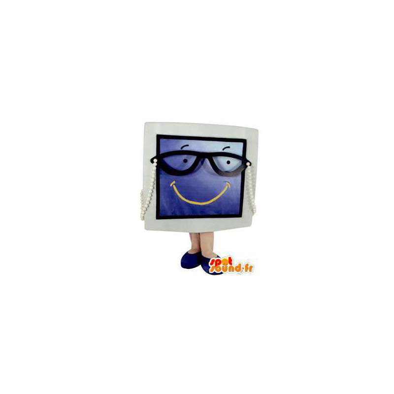 Skärmmaskot, grå och blå TV med glasögon - Spotsound maskot