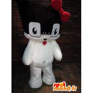 Mascot schwarzen und weißen Kätzchen mit einer roten Schleife - MASFR005791 - Katze-Maskottchen