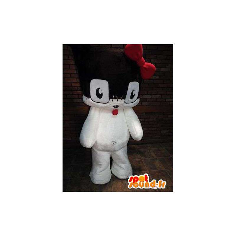 Preto e branco mascote gatinho com um laço vermelho - MASFR005791 - Mascotes gato