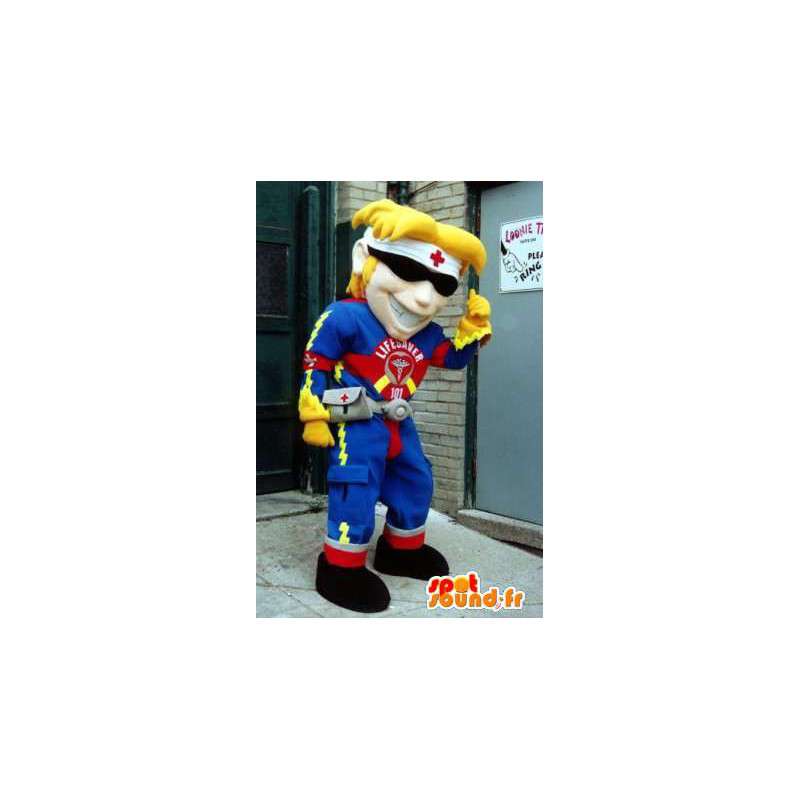 Vestida mascote socorrista em amarelo azul e vermelho - MASFR005805 - Mascotes homem