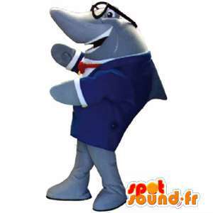 Grå haj maskot i blå kostume med briller - Spotsound maskot