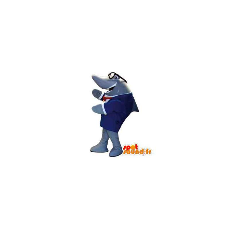 Grå haj maskot i blå kostume med briller - Spotsound maskot