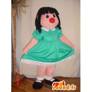 Jente maskot med en grønn kjole og en rød nese - MASFR005692 - Maskoter gutter og jenter
