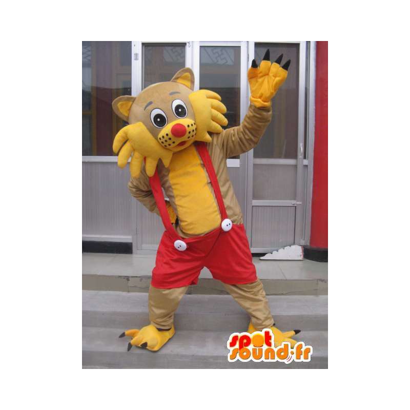 Mascot cat red overalls. Cat suit - MASFR006044 - Cat mascots