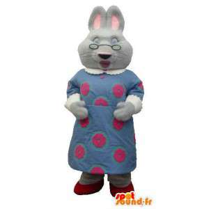 Kaninmamma maskot i blå klänning med glasögon - Spotsound maskot
