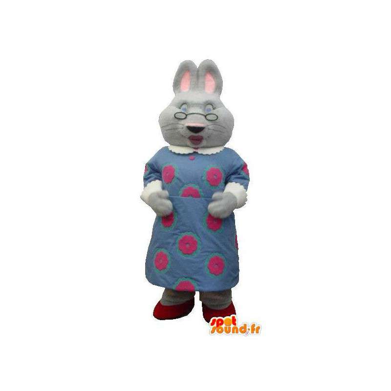 Mom konijn mascotte in blauwe jurk met een bril - MASFR005833 - Mascot konijnen