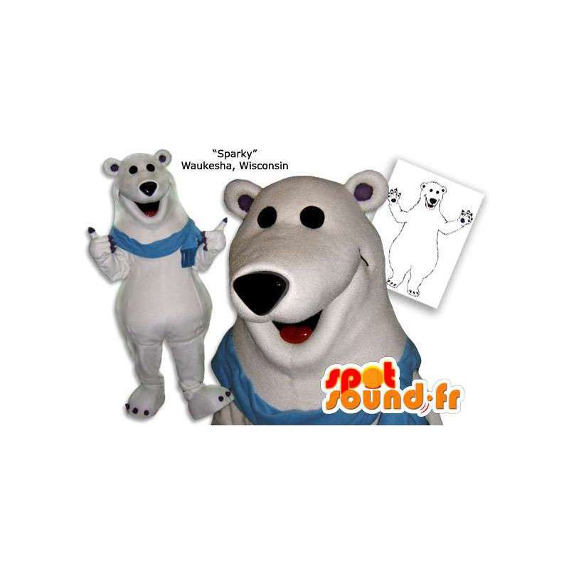 Bílý lední medvěd maskot s modrým šátkem - MASFR005854 - Bear Mascot