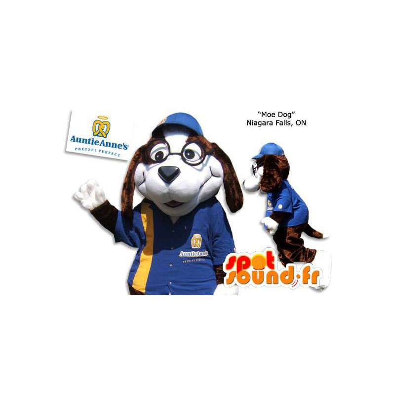 Hundmaskot i blå och gul uniform - Spotsound maskot